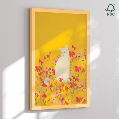 Framed Art Print - Cat in a Field of Flowers - ThingDesign