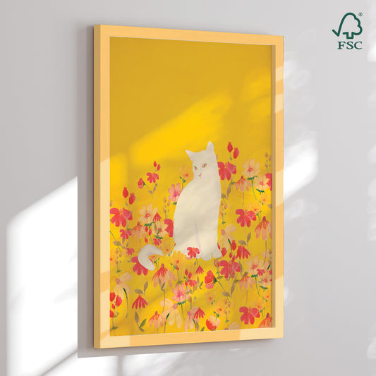 Framed Art Print - Cat in a Field of Flowers - ThingDesign